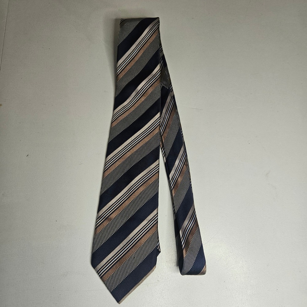 Massimo Bizzocchi Mens Silk Tie Navy Blue Bronze Striped Made in Italy Hand Sewn